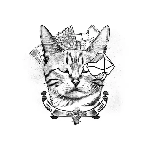 A tattoo design of a cat lounging on a bed with a map of the Dominican Republic and Peru in the background, reflecting the client's favorite things and love for travel tattoo design idea