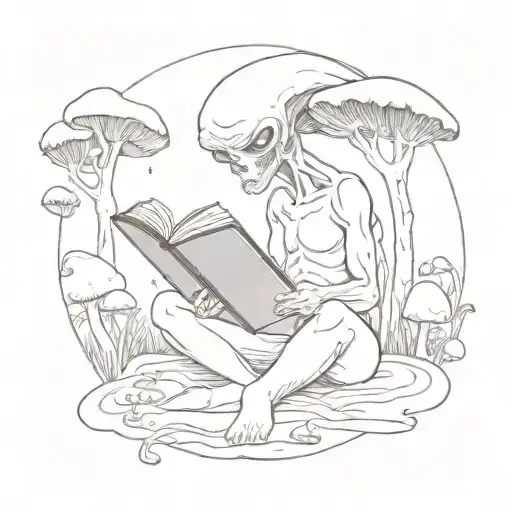 An alien creature reading a book of poems in a forest full of mushrooms tattoo design idea