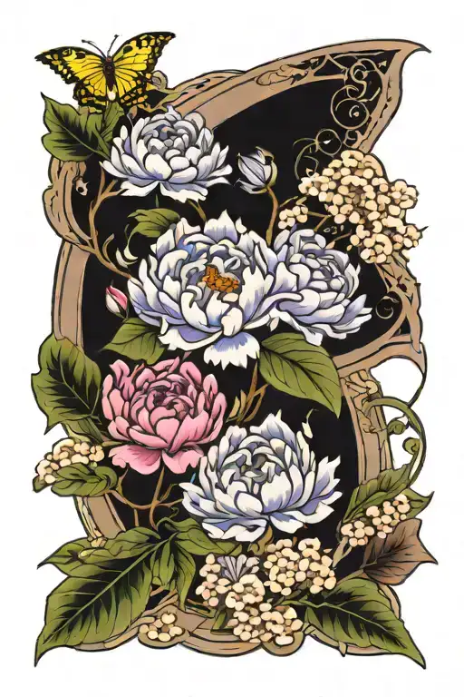a floral design including lavender, peonies, lilacs, and hidden among the flowers are tiny horror creatures tatto tattoo design idea