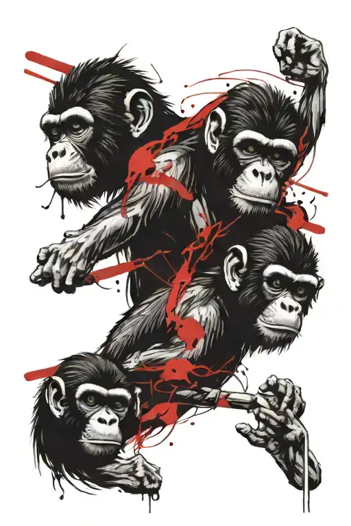 Can you create an image of a monkey totem pole. It consists of three monkeys. One monkey is covering their ears with the tattoo design idea