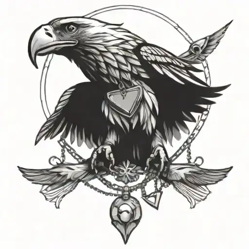 Tattoo of a wedge tail eagle holding a necklace with a trinacria pendant on it tattoo design idea
