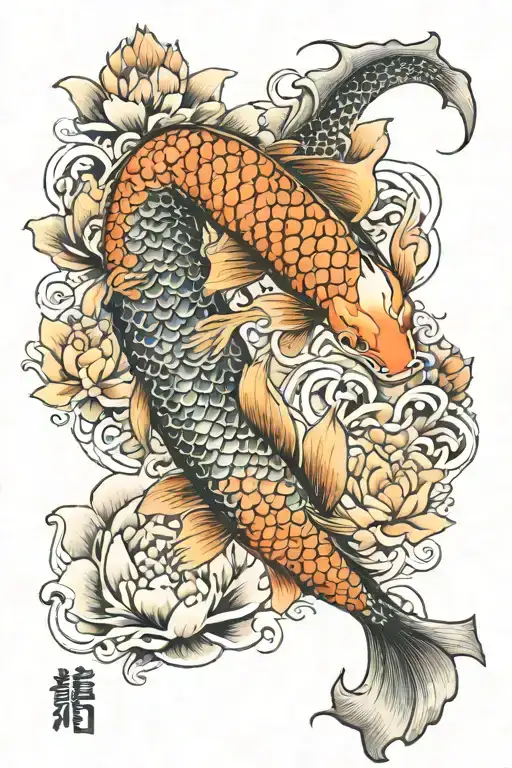 koi fish transforming into a dragon with a lotus flower in the middle with Chinese words love and trust tattoo design idea