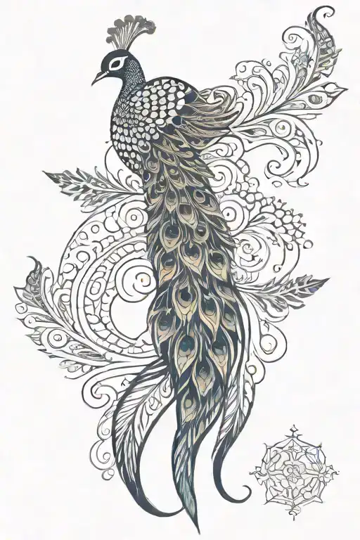 henna peacock feathers on left upper back connecting with horizontal low back tattoo design idea
