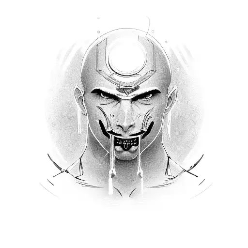 a man with  just an eye between two eyebrows white a zipped mouth  tattoo design idea