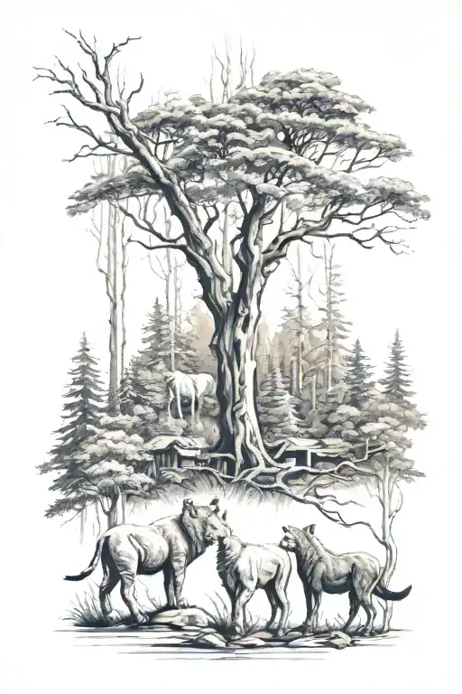 forest scene featuring apex predators tattoo design idea