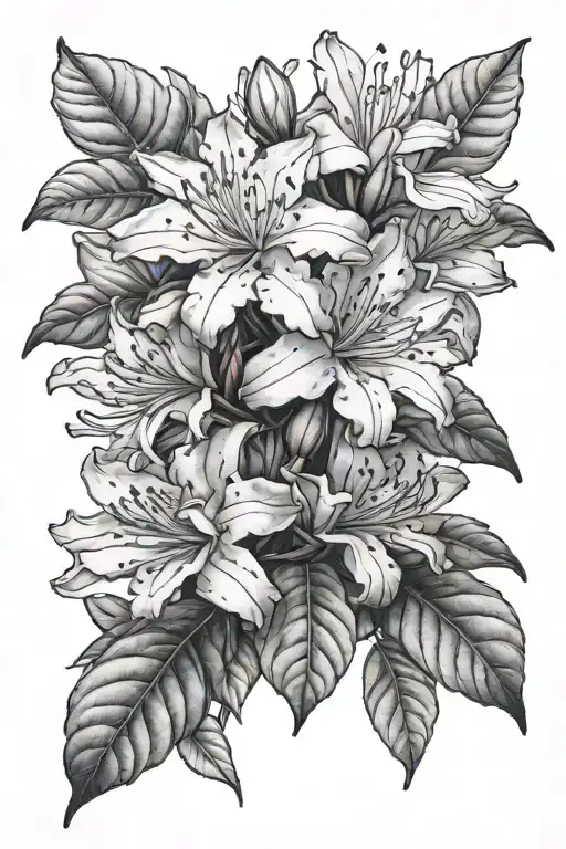 Rhododendron flower with large black leaves tattoo design idea