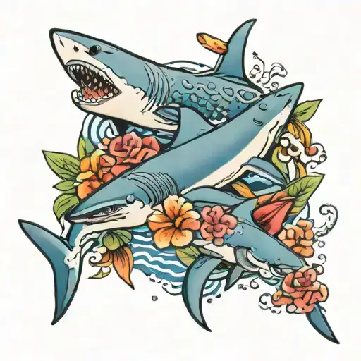 Hawaii flowers and sharks swimming tattoo design idea