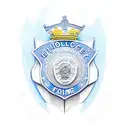 police badge with blue colors in it. blue canadian flag behind and everything faded tattoo design idea