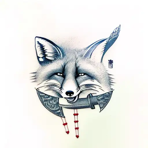 fox with katana in mouth tattoo design idea