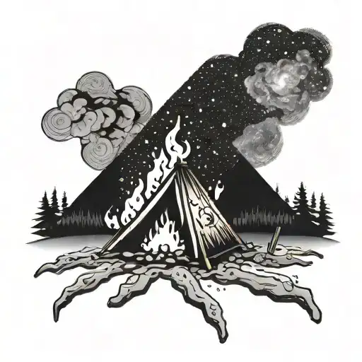 Bonfire illuminating a campsite with a view of the Milky Way galaxy tattoo design idea