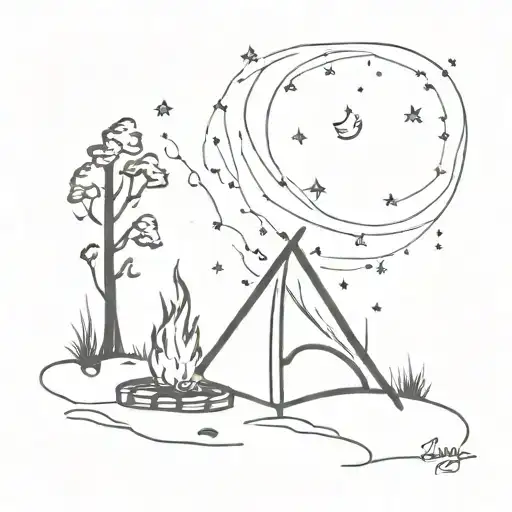 Bonfire illuminating a campsite with a view of the Milky Way galaxy tattoo design idea
