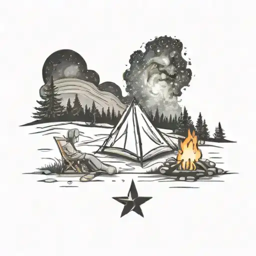 Bonfire illuminating a campsite with a view of the Milky Way galaxy tattoo design idea
