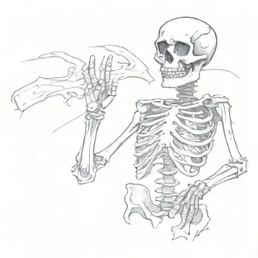 sad skeleton holding up okay sign tattoo design idea