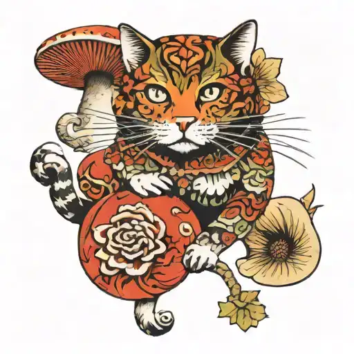 RedCrazyCat with mushrooms  tattoo design idea