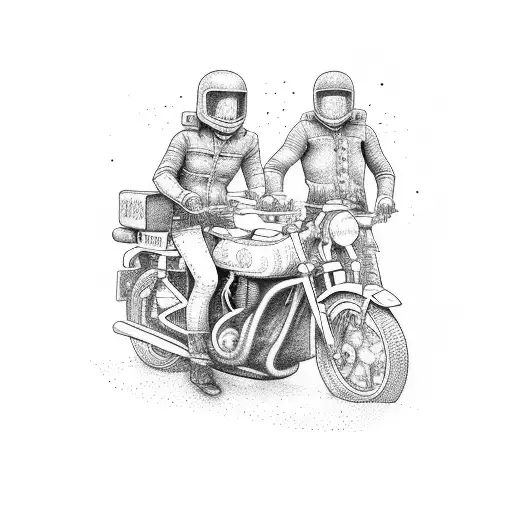 A pair of twins riding vintage motorcycles through an adventurous landscape tattoo design idea