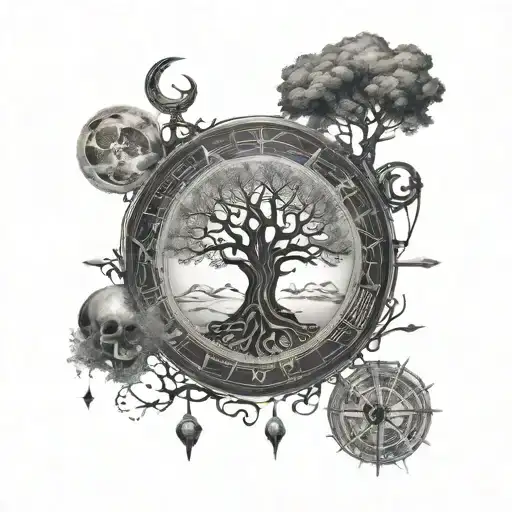 life tree inverted house in fool moon surrounded with rune compass  tattoo design idea