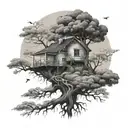 life tree inverted house in fool moon surrounded tattoo design idea