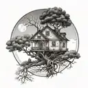 life tree inverted house in fool moon surrounded tattoo design idea