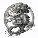life tree inverted house in fool moon surrounded tattoo design idea