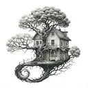 life tree inverted house in fool moon surrounded tattoo design idea