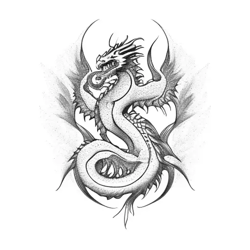 Graceful dance movements intertwined with dragon and phoenix plumes tattoo design idea
