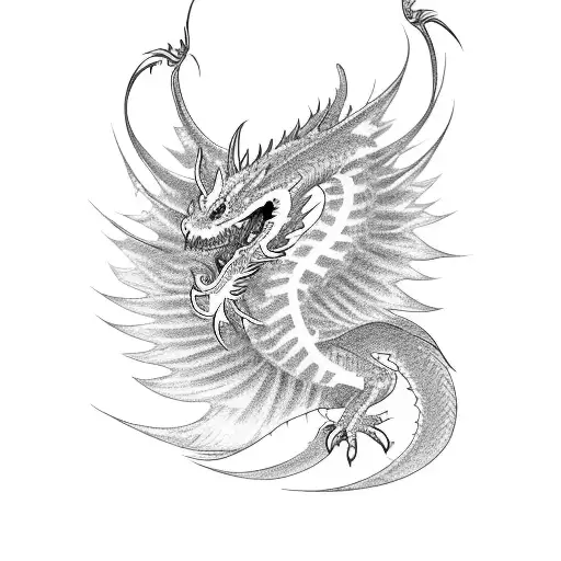 Graceful dance movemehybrid dragon and phoenix plumes tattoo design idea