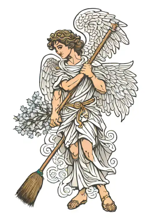greek angel holding a broom sweeping tattoo design idea