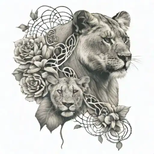 lioness and flowers and dna double helix intertwined tattoo design idea