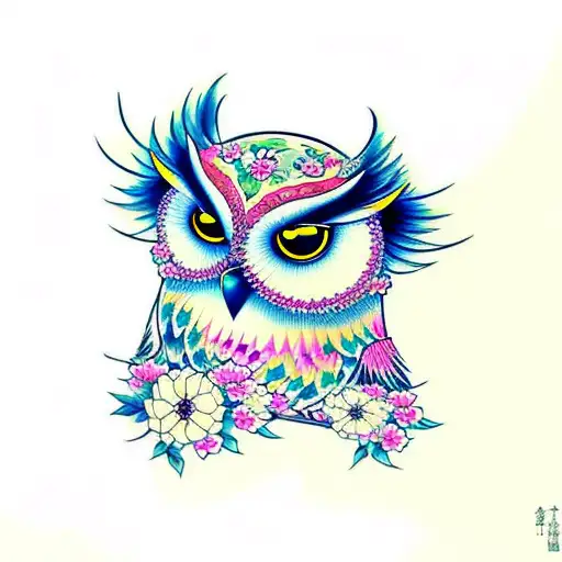 Owl & Honey Badger with Flowers tattoo design idea