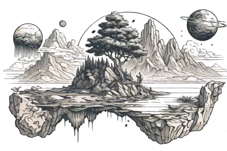 Mountains ,space and a floating island with a tree and a kid underneath tattoo design idea