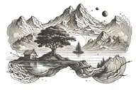 Mountains ,space and a floating island with a tree and a kid underneath tattoo design idea