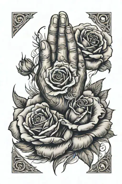a vertical prayer on a burnt paper, praying hands, rose tattoo design idea