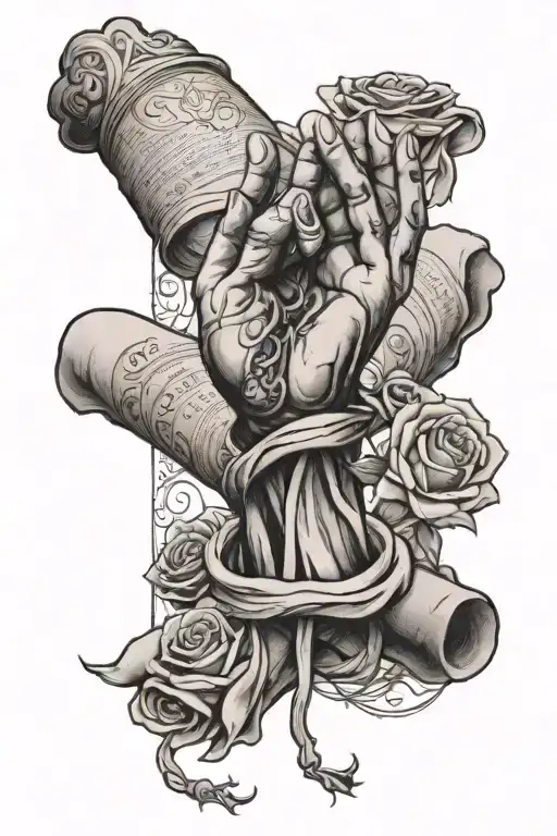 a vertical prayer on a burnt scroll, praying hands, rose tattoo design idea
