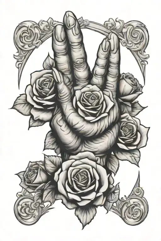 a vertical prayer, praying hands, rose tattoo design idea