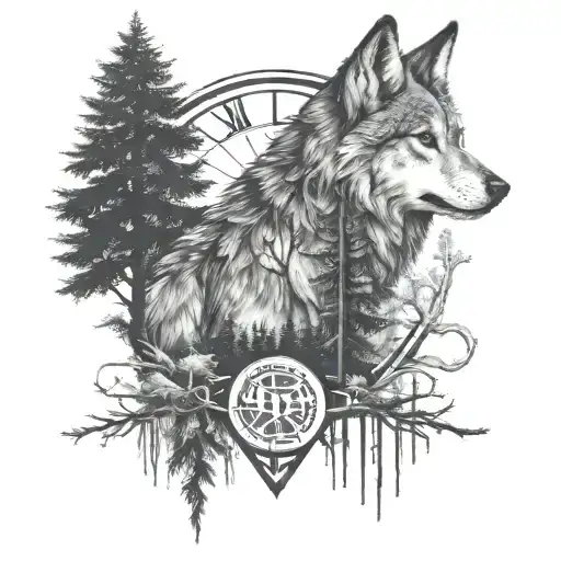 roman numeral III and Wolf with trees tattoo design idea