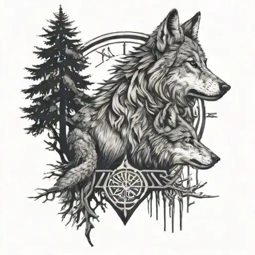 roman numeral III and Wolf with trees tattoo design idea