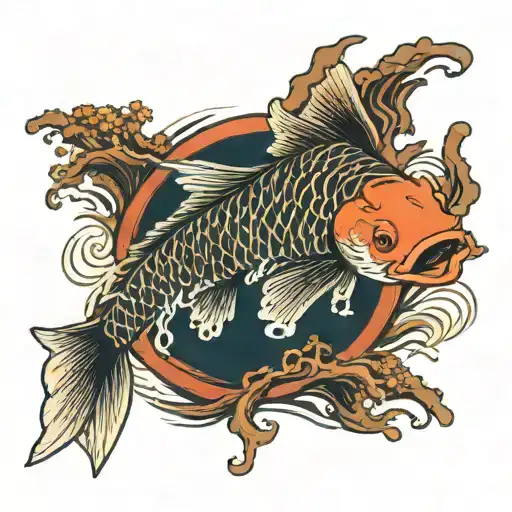 A Japanese koi fish swimming in a river surrounded by pine trees tattoo design idea