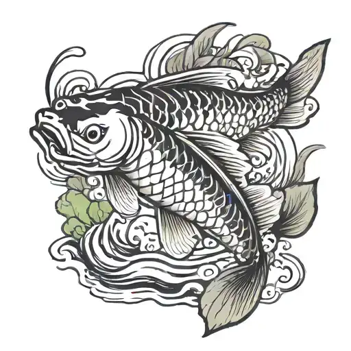 A Japanese koi fish swimming in a river surrounded by Finnish pine trees tattoo design idea