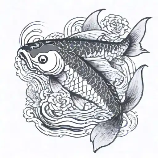 A Japanese koi fish swimming in a river surrounded by Finnish pine trees tattoo design idea