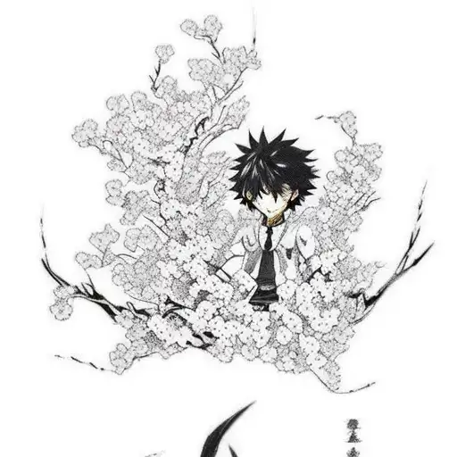 Design a tattoo featuring Sukuna, Light, Tomura, and Kaneki on the dead side of a cherry blossom tree. On the alive side, include Tanjiro, Itadori, Izuku, Bakugo, Akame, and Tohru. Add the black sword from Demon Slayer beside the tree. tattoo design idea