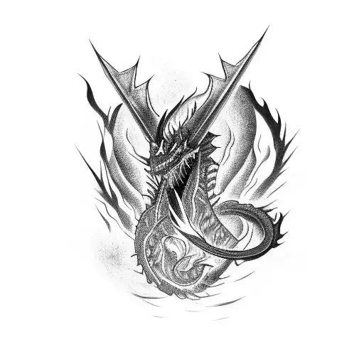 A fierce black dragon breathing smoke and fire tattoo design idea