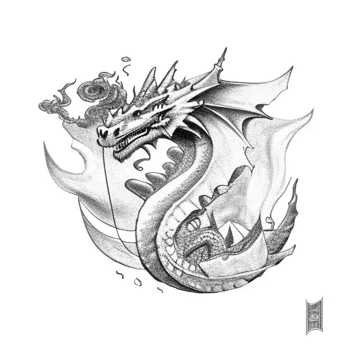 A mystical dragon emerging from a cloud of smoke tattoo design idea