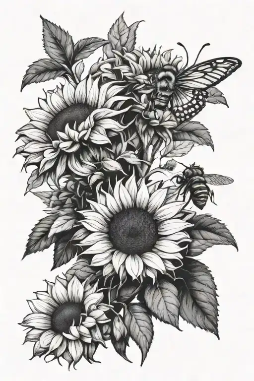 sunflower, 2 honey bees, blueberries  tattoo design idea