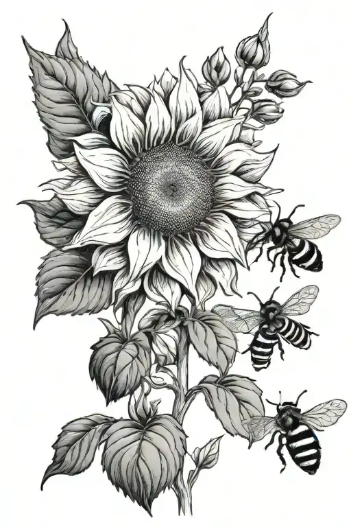 1 sunflower, blueberry stems, 2 honey bee flying tattoo design idea