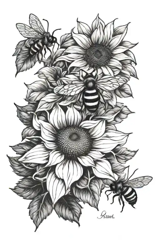 sunflower, blueberries, 2 honeybees tattoo design idea