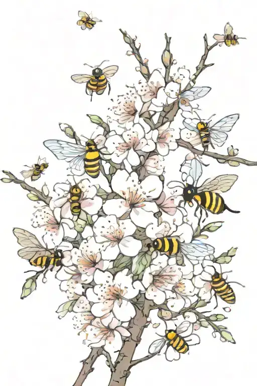 Japanese cherry blossom branch with bees and butterflies around it  tattoo design idea
