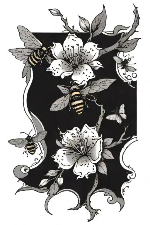 Japanese cherry blossom branch with bees and butterflies around it  tattoo design idea