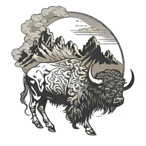 buffalo and mountains inside tattoo design idea