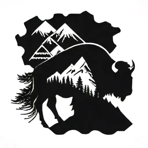  minimal buffalo and mountain background tattoo design idea