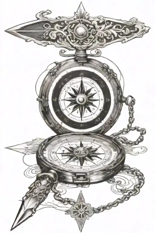 antique pocket compass pointing north and the pointer extends beyond the compass and turns into a long arrow  tattoo design idea